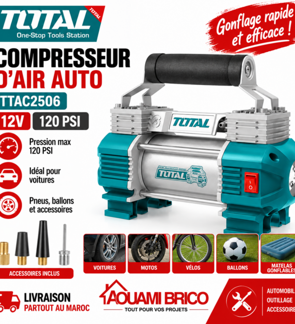 Compresseur d’Air Portable TOTAL TTAC2506 – 12V, 120 PSI, 45 L/min