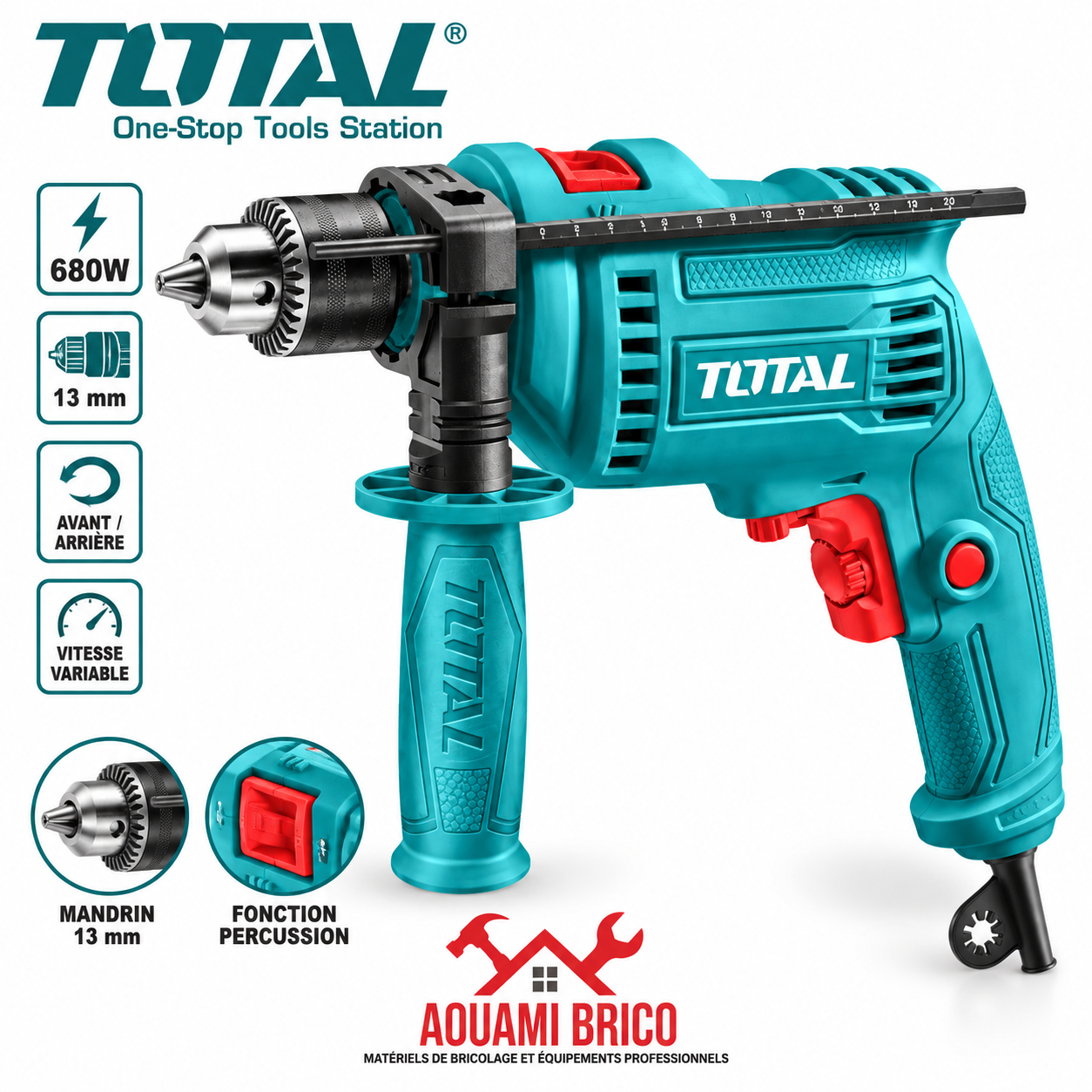Perceuse à Percussion TOTAL 13 mm – 680 W & 750 W, Vitesse Variable pour Bois, Métal & Maçonnerie