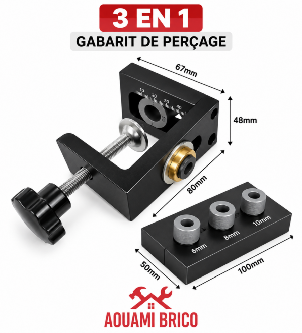 Gabarit de Perçage 3 en 1 Réglable pour Tourillons – Guide de Perçage Menuiserie