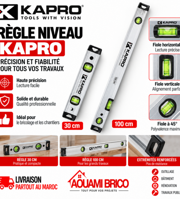 Règle Multifonction KAPRO en Aluminium – 30 cm & 100 cm avec Niveau à Bulle