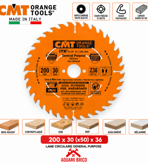 Lame Circulaire CMT General Purpose 200 mm – 36 Dents pour Bois