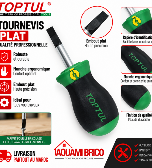 Tournevis Plat Court TOPTUL FABB5E03 – 5,5 × 25 mm, Pointe Magnétique