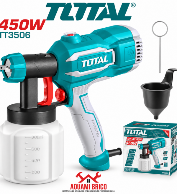Pistolet à Peinture Électrique TOTAL 450 W – Réservoir 800 ml, Buse 2,5 mm TT3506