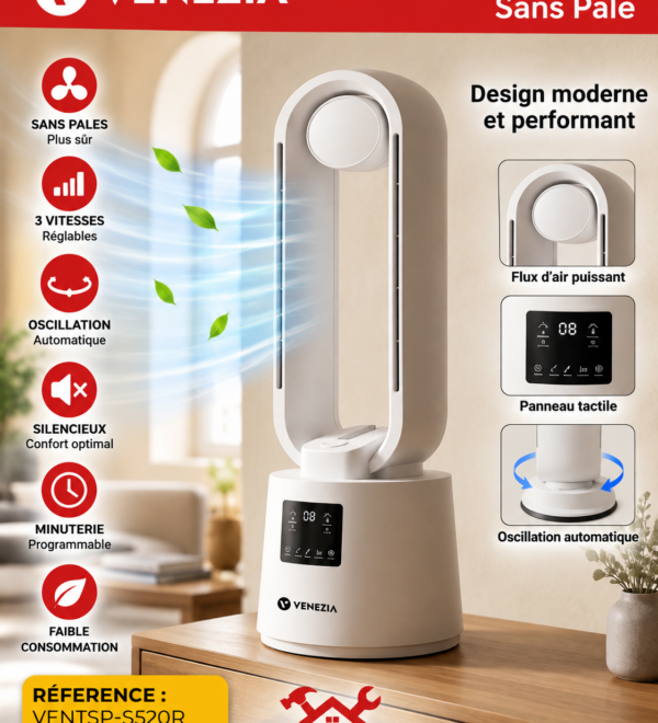 Ventilateur Sans Pales VENEZIA avec Écran Digital – Réf. VENTSP-S520R
