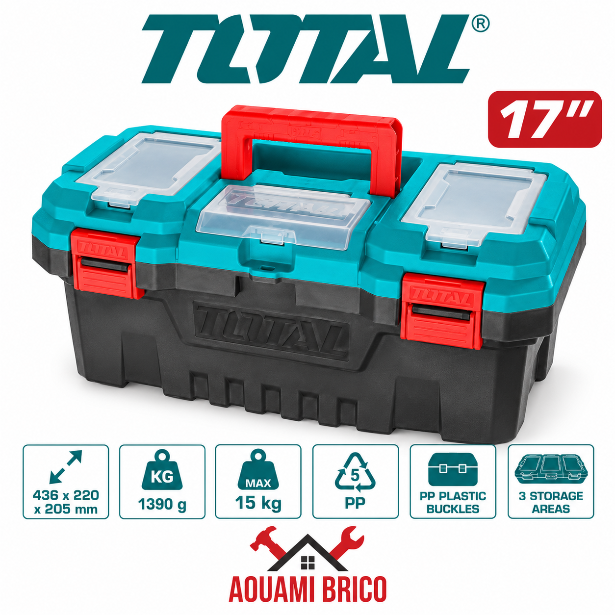 Boîte à Outils TOTAL 17 Pouces en PP – Caisse de Rangement 15 kg avec Compartiments TPBX0171