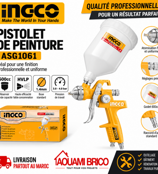 Pistolet à Peinture Pneumatique INGCO ASG1061 – Godet 600 ml, Buse 1,4 mm