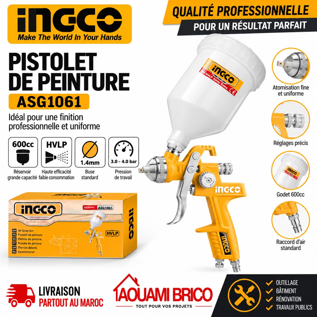 Pistolet à Peinture Pneumatique INGCO ASG1061 – Godet 600 ml, Buse 1,4 mm