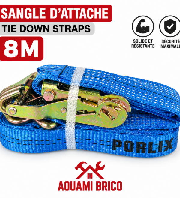 Sangle d’Arrimage à Cliquet 8 m avec Crochets – Sangle d’Attache