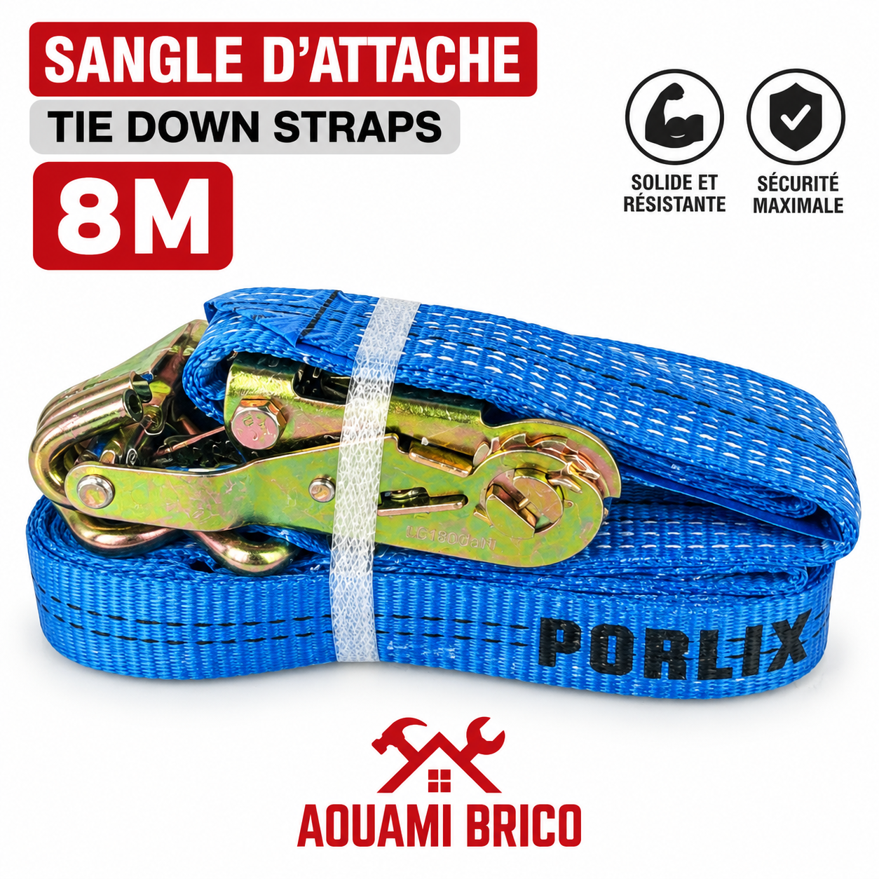 Sangle d’Arrimage à Cliquet 8 m avec Crochets – Sangle d’Attache