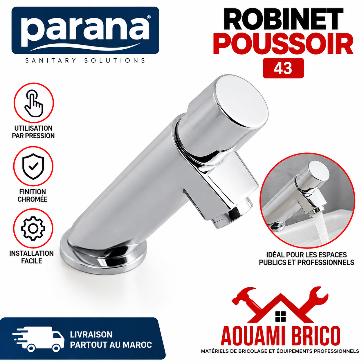 Robinet Poussoir Temporisé PARANA – Robinet Lavabo à Fermeture Automatique Économie d’Eau
