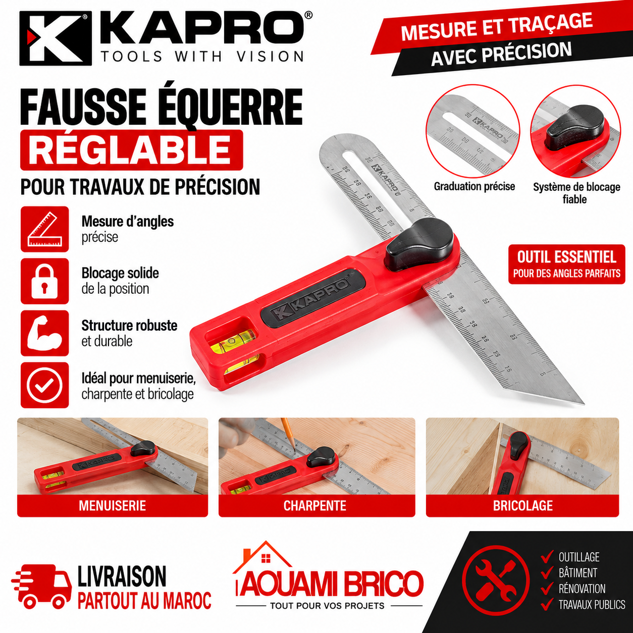 Fausse Équerre Réglable KAPRO 301 T-BEVEL – 150 mm, Lame Inox