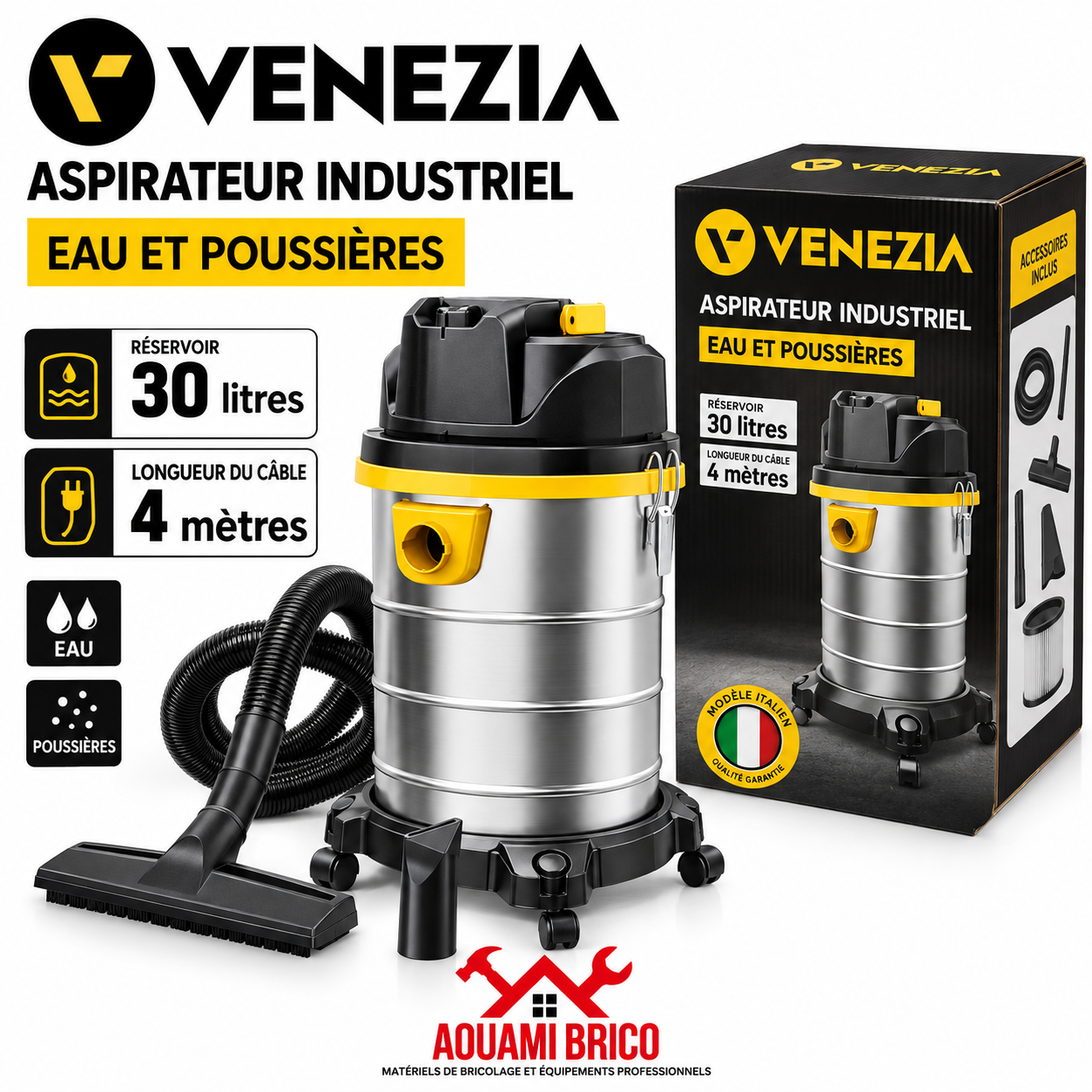 Aspirateur Industriel VENEZIA 30 L Eau & Poussières – Cuve Métallique, Câble 4 m