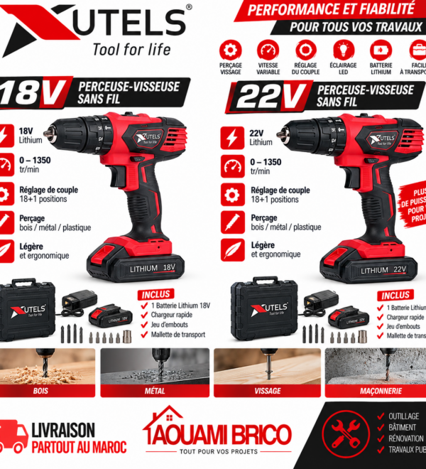 Perceuse-Visseuse Sans Fil UTELS – 18V & 22V, Batterie Lithium