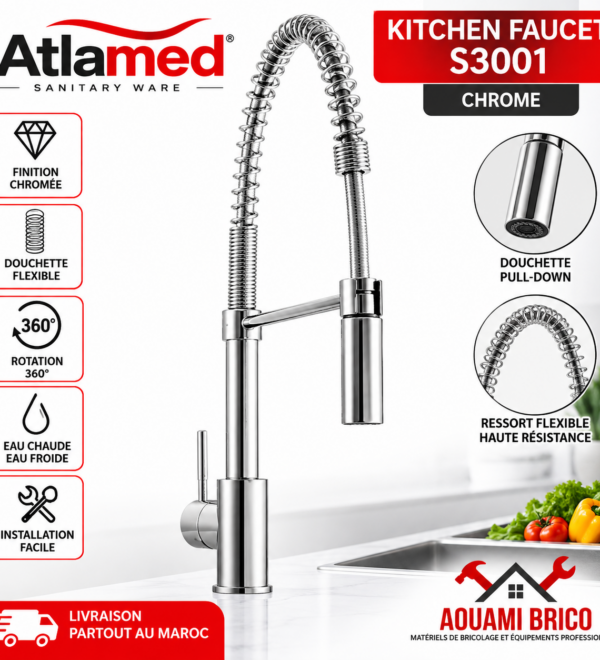 Robinet de Cuisine ATLAMED S3001 Chromé – Mitigeur Haut avec Douchette Flexible à Ressort