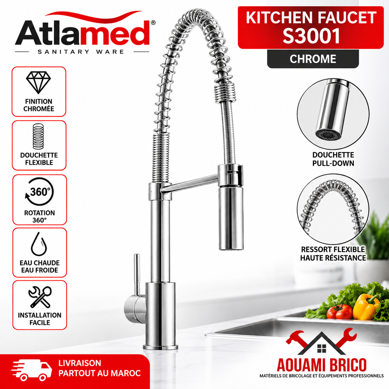 Robinet de Cuisine ATLAMED S3001 Chromé – Mitigeur Haut avec Douchette Flexible à Ressort