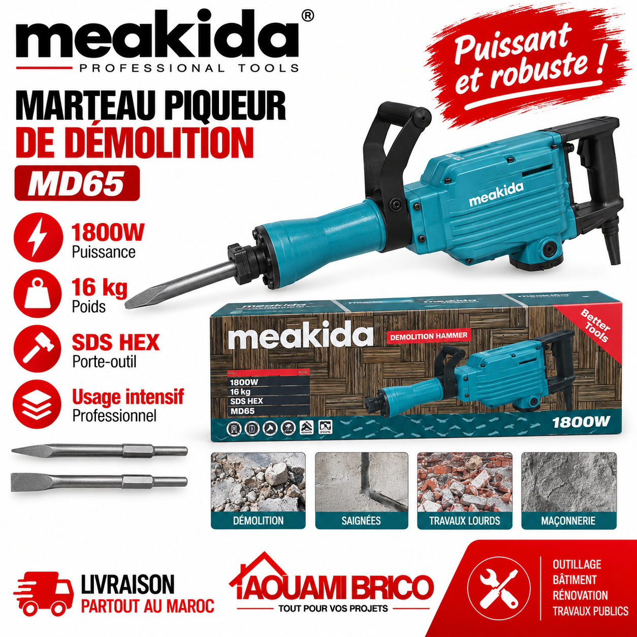 Marteau Piqueur Meakida MD65 – 1800W, 16 kg Professionnel