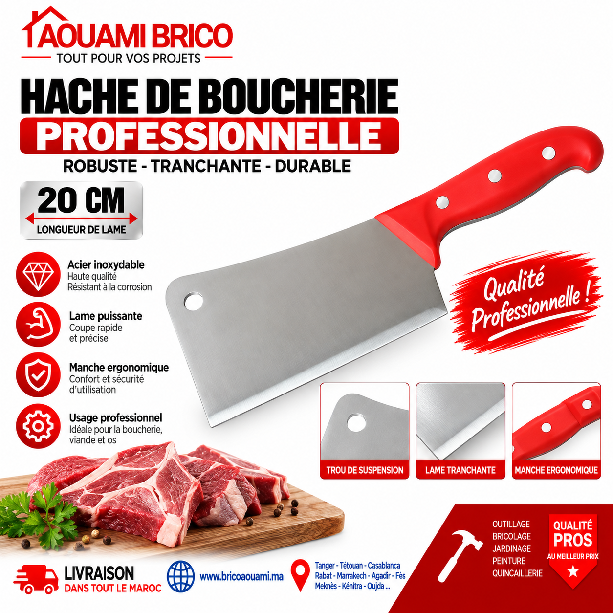 Hache de Boucher Professionnelle 20 cm en Inox – Couperet à Viande