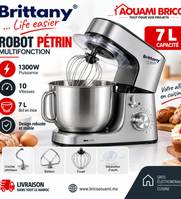 Robot Pétrin Brittany 7L 1300W – 10 Vitesses avec Accessoires