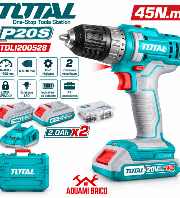 Perceuse-Visseuse Sans Fil TOTAL 20 V 45 Nm – 2 Batteries 2 Ah