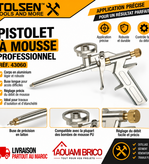 Pistolet à Mousse Polyuréthane TOLSEN 43060 – Corps Aluminium, Débit Réglable