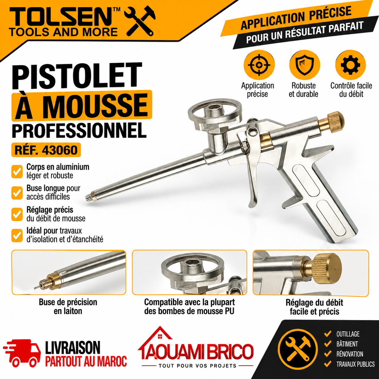 Pistolet à Mousse Polyuréthane TOLSEN 43060 – Corps Aluminium, Débit Réglable