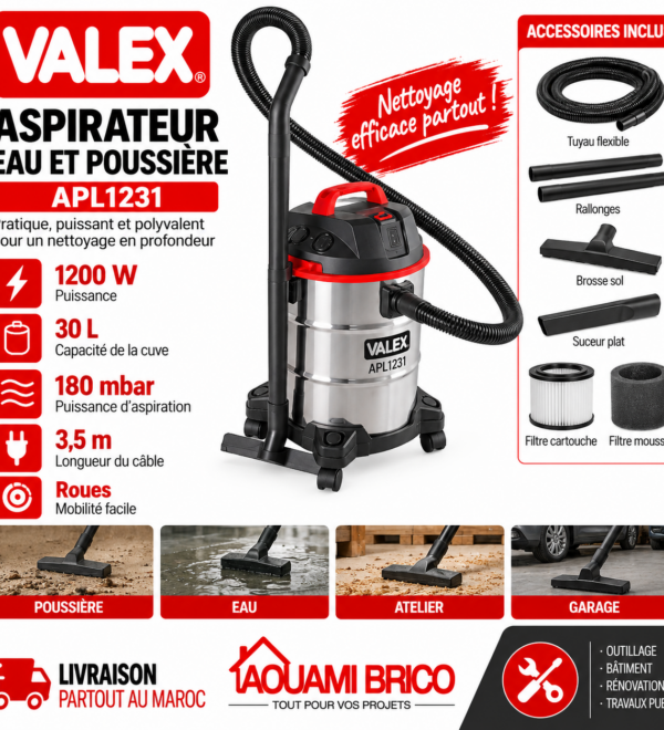 Aspirateur Eau et Poussière Valex APL1231 – 1200W, Cuve Inox 30L