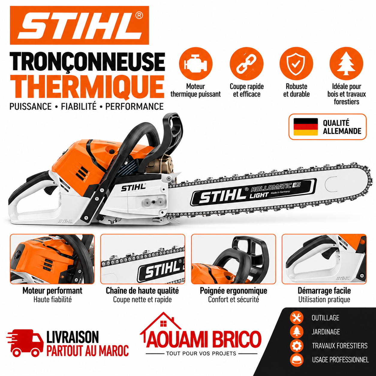 Tronçonneuse Thermique Professionnelle – Puissante pour Coupe de Bois & Élagage