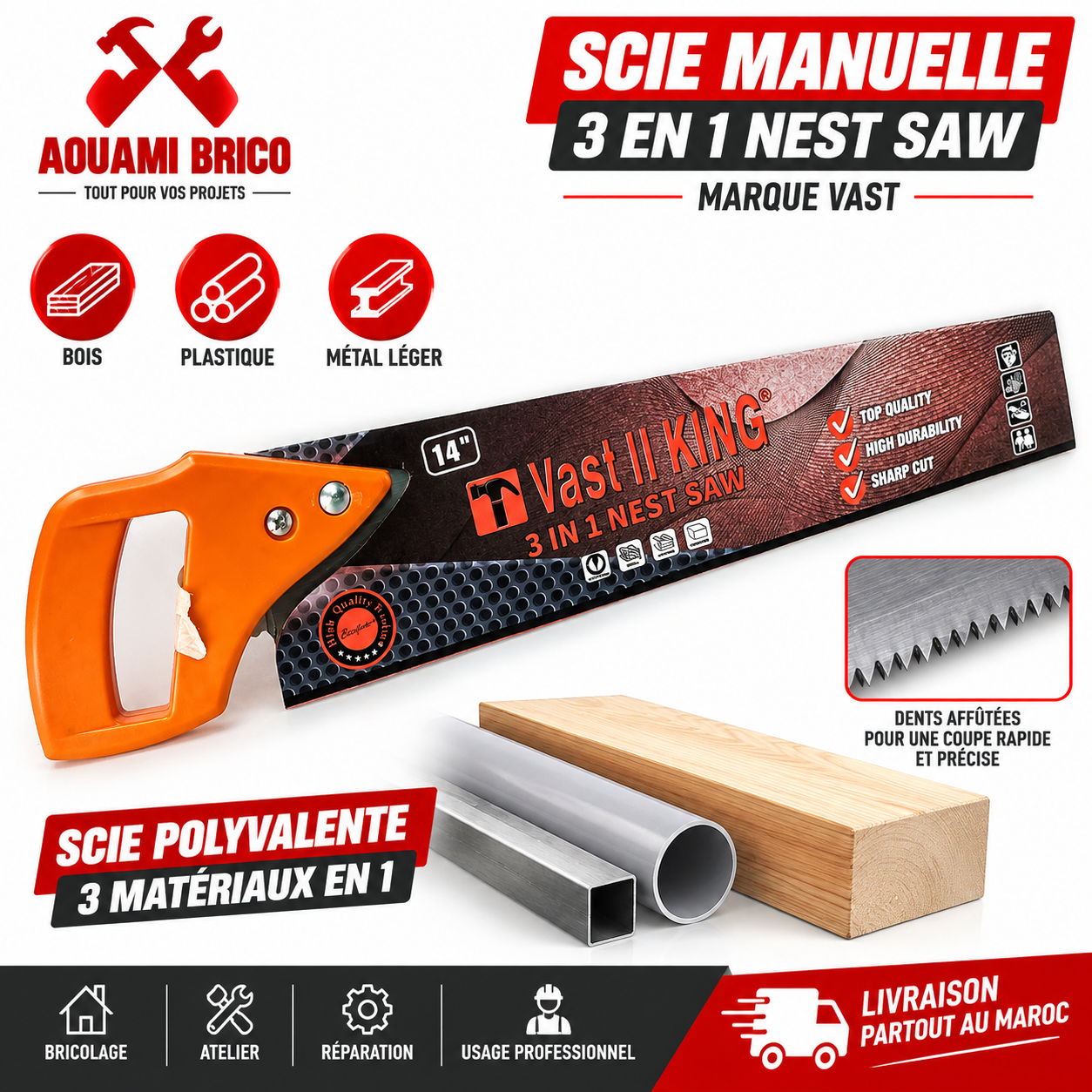 Scie Égoïne VAST KING 3 en 1 – 14″ pour Coupe Manuelle