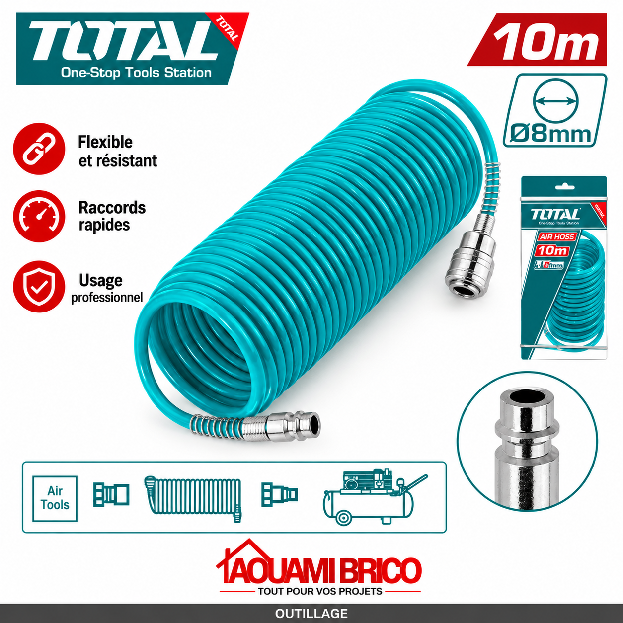 Tuyau d’Air Spiralé TOTAL – 10 mm & 15 mm pour Compresseur