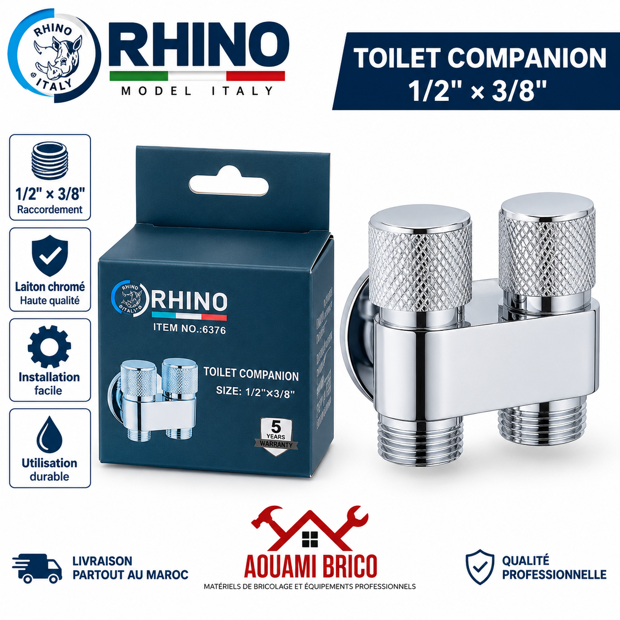 Robinet Double Sortie RHINO pour WC – Répartiteur d’Eau 1/2" × 3/8" Réf. 6376