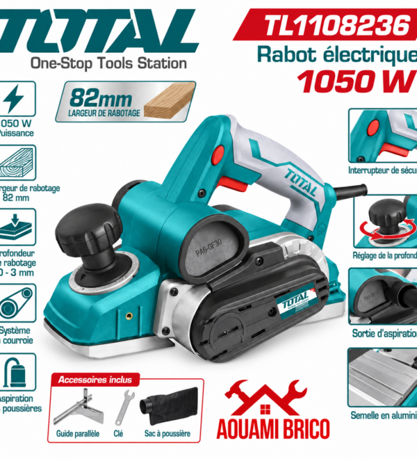 Rabot Électrique TOTAL 1050 W – Largeur de Rabotage 82 mm