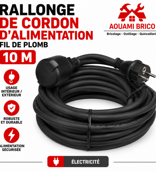 Rallonge électrique 10 m avec prise et fiche – Cordon d’alimentation noir