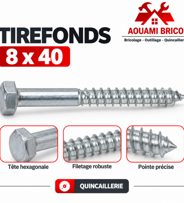 Tirefond à tête hexagonale 8 x 40 mm – Vis de fixation pour bois
