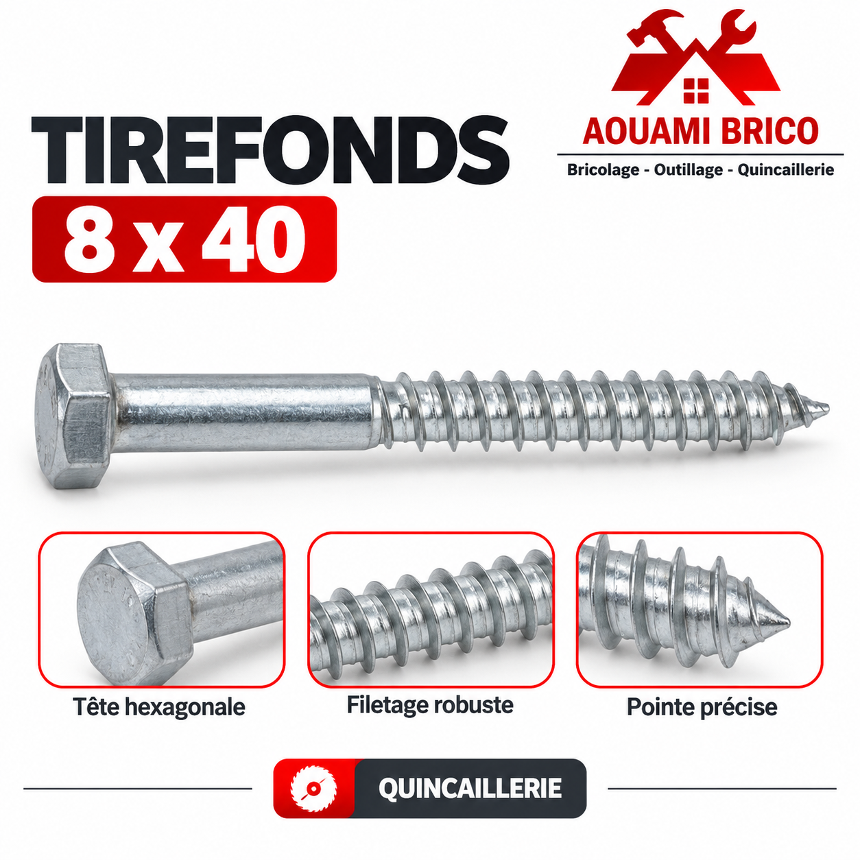 Tirefond à tête hexagonale 8 x 40 mm – Vis de fixation pour bois